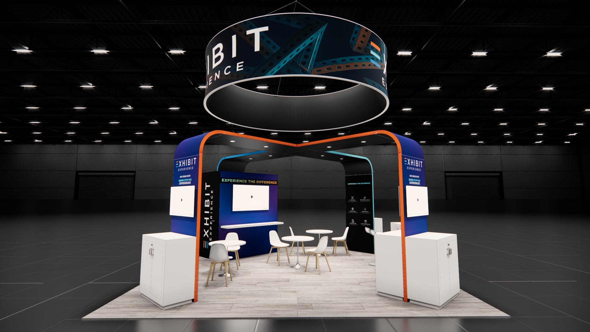 20 x 20 Affordable Trade Show Exhibit Rental Package - Option 4 — verified 20x20 catalog image 20x20 affordable trade show exhibit rental with a circular hanging sign, arched framing, reception counter, video display, and cafe seating