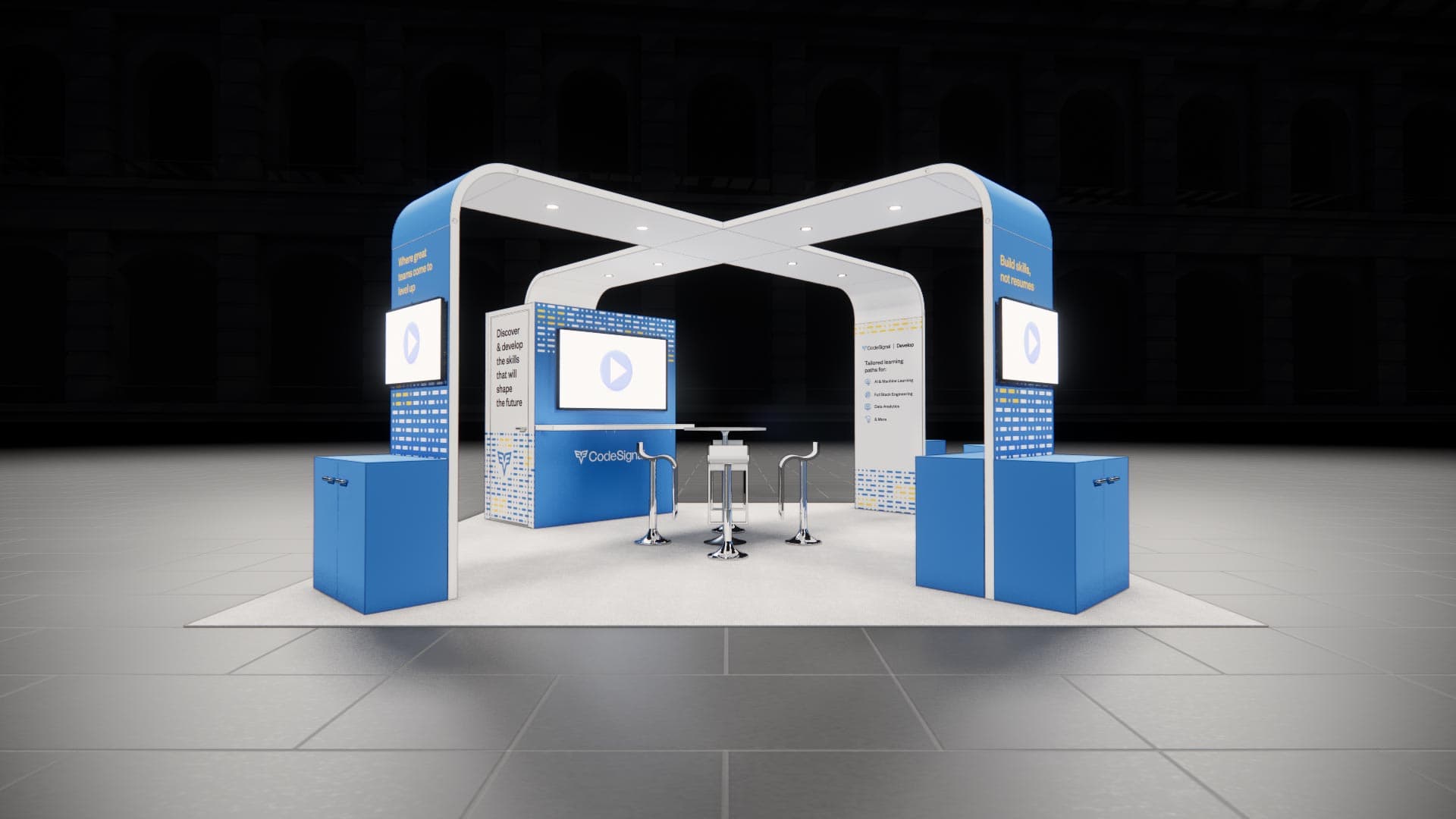 Coordinated trade show exhibit build with integrated architectural, graphic, and media elements